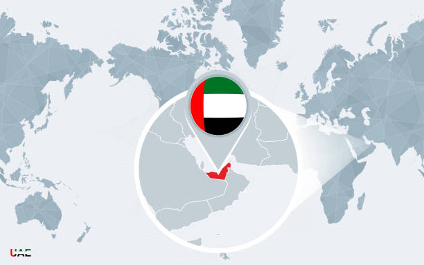 istock World map centered on America with magnified United Arab Emirates. 1272758937