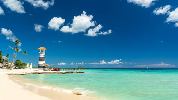 farol na praia do caribe, república dominicana, bayahibe - conceito de férias de verão - república dominicana - fotografias e filmes do acervo