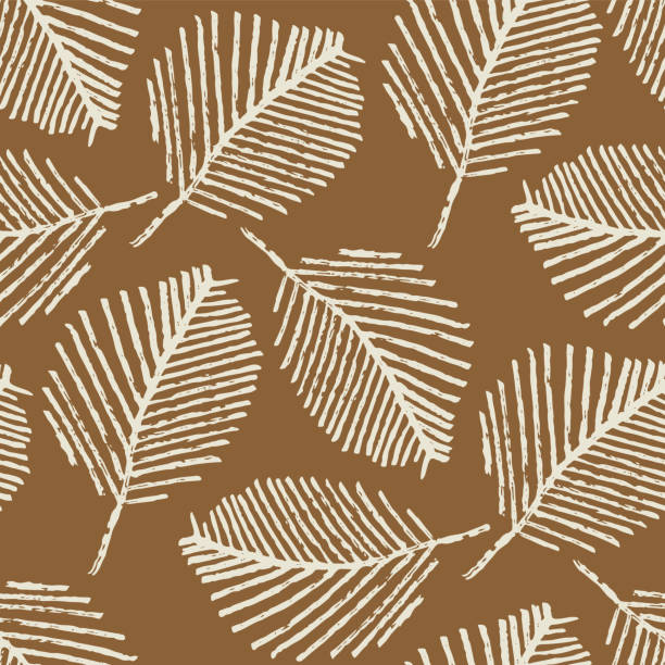 Mono print style scattered leaves seamless vector pattern background. Simple lino cut effect skeleton leaf foliage on caramel brown backdrop. At home hand crafted design concept. Repeat for packaging Mono print style scattered leaves seamless vector pattern background. Simple lino cut effect skeleton leaf foliage on caramel brown backdrop. At home hand crafted design concept. Repeat for packaging. all over pattern stock illustrations