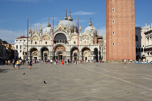 The famous St Mark's Basilica in Venice which is located at the eastern end of the Piazza San Marco. The construction, built in Italo-Byzantine - Style was startet in 978 and finished in 1092. The image was captured during the worldwide coronavirus pandemic.