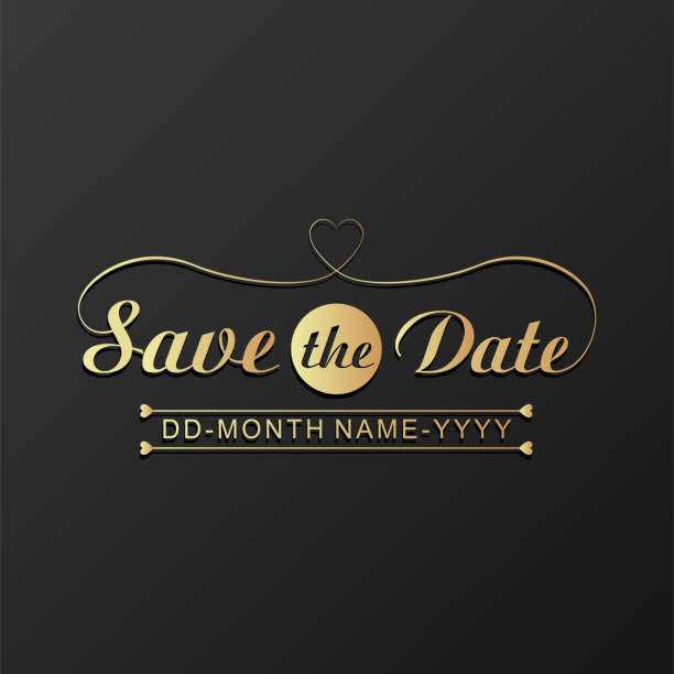 Save the Date modern Golden color logo on black background Save the Date isolated Calligraphy logo with Heart modern style Golden color logo on black background with Date. save the date font stock illustrations