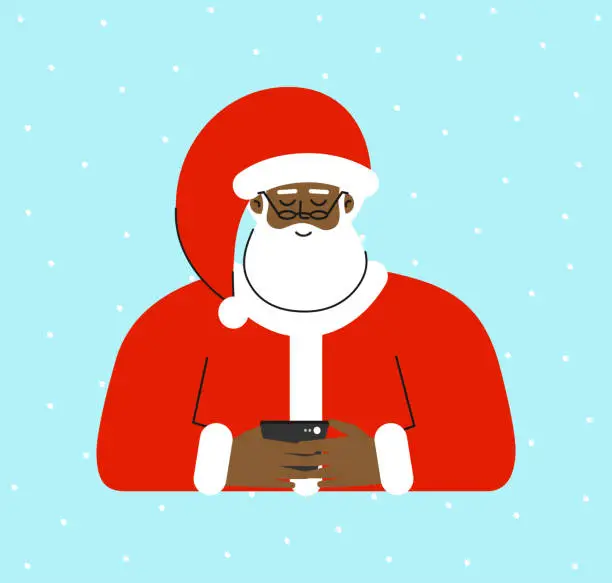 Vector illustration of Vector isolated flat Christmas concept. Cartoon character of african american elderly Santa Claus. He read SMS with gift list on phone. Mobile apps for online shopping or communication. Winter holiday