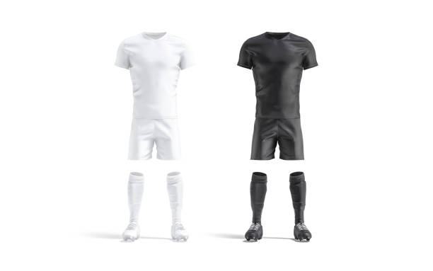 Blank black and white soccer uniform mock up set Blank black and white soccer uniform mock up set, 3d rendering. Empty sport professional play-suit mockup, isolated, front view. Clear training clothing with boxer, tee-shirt and sneakers template. football socks stock pictures, royalty-free photos & images