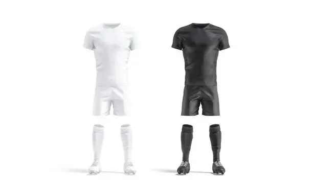 Blank black and white soccer uniform mock up set, 3d rendering. Empty sport professional play-suit mockup, isolated, front view. Clear training clothing with boxer, tee-shirt and sneakers template.