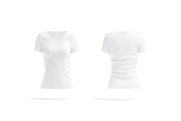 istock Blank white women v-neck t-shirt mockup, front and back view 1272769045