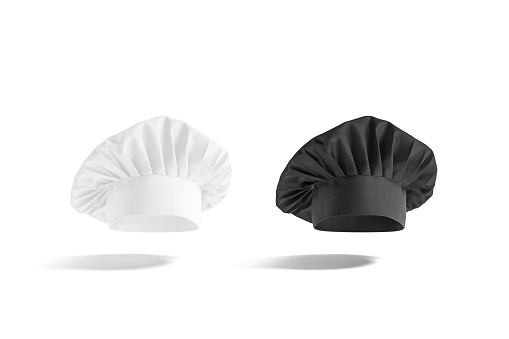 Blank black and white toque chef hat mockup, no gravity, 3d rendering. Empty restaurant or bistro uniform mock up, isolated. Clear protect blanche headdress for food master template.