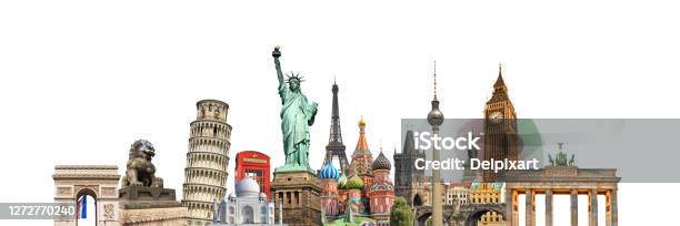 World Landmarks And Famous Monuments Collage Isolated On Panoramic White Background Stock Photo - Download Image Now