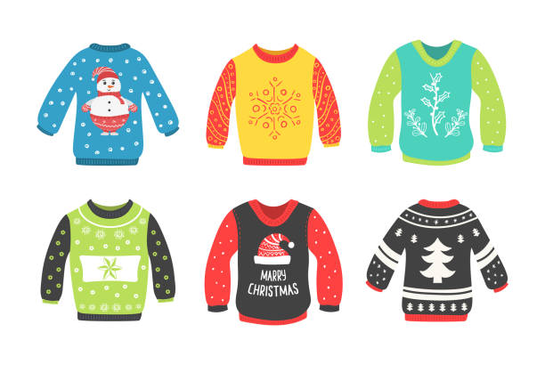 ilustraciones, imágenes clip art, dibujos animados e iconos de stock de pon suéter navideño. - ugliness sweater kitsch holiday