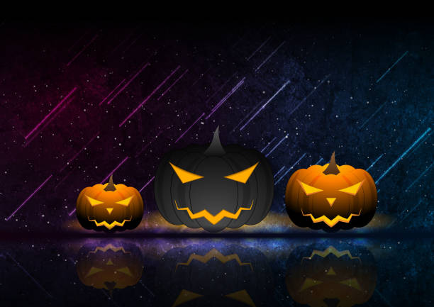 istock Jack-o-lantern pumpkins on grunge neon background. Gloomy cyberpunk Halloween design 1272770547