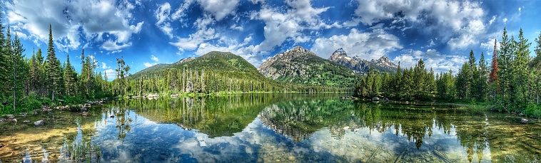 Panoramic view of Taggart lake with mirror reflections, Grand Teton National Park, Wyoming