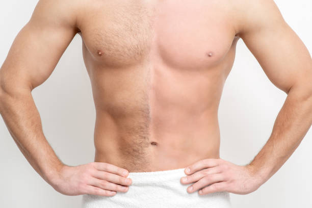 Man with bare-chested before and after waxing hair Young caucasian man with bare chested before and after waxing his hair stands on white background chest torso stock pictures, royalty-free photos & images