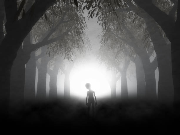 istock 3D spooky landscape with alien in foggy forest 1272776319
