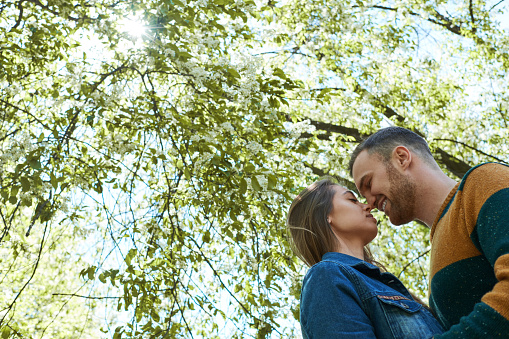 Low angle view of young loving couple standing nose to nose and smiling cheerfully under trees on beautiful summer day