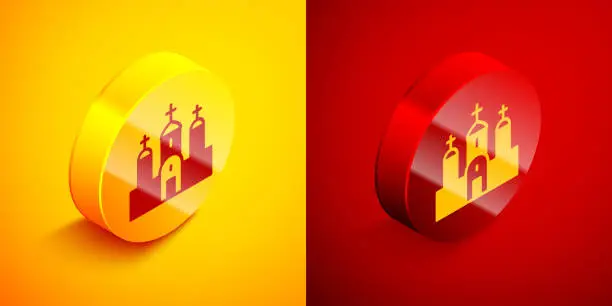 Vector illustration of Isometric Church building icon isolated on orange and red background. Christian Church. Religion of church. Circle button. Vector