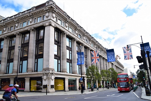 London, United Kingdom - August 26 2020: Selfridges department store and Oxford Street daytime view