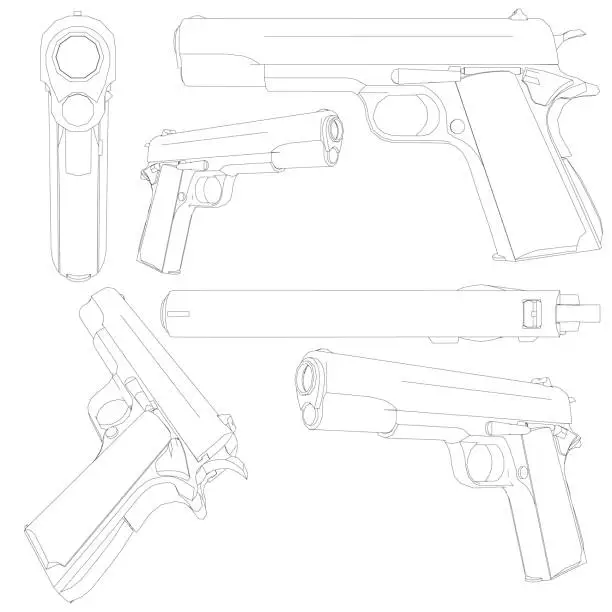 Vector illustration of Set with a contour of a 1911 Colt pistol. Contour of a pistol in different positions isolated on a white background. 3D. Vector illustration