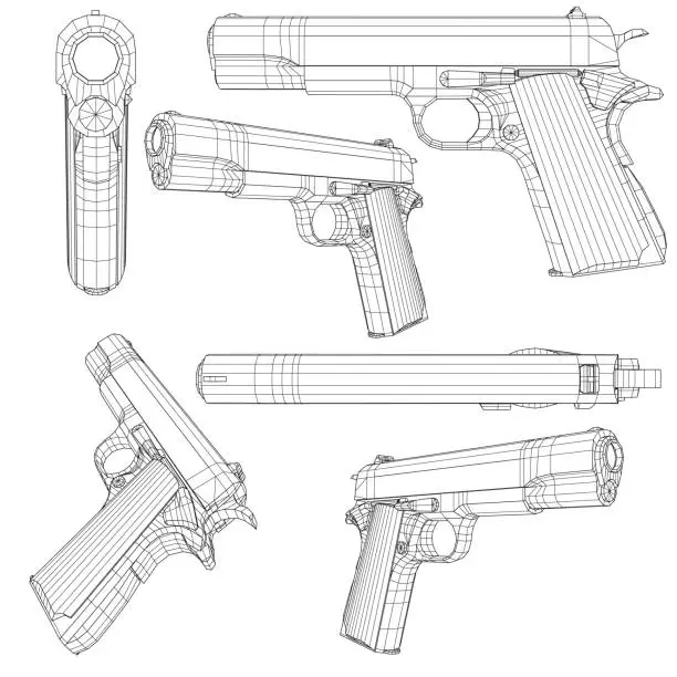 Vector illustration of Set with a low poly pistol Colt 1911. Wireframe of a pistol in different positions isolated on a white background. 3D. Vector illustration