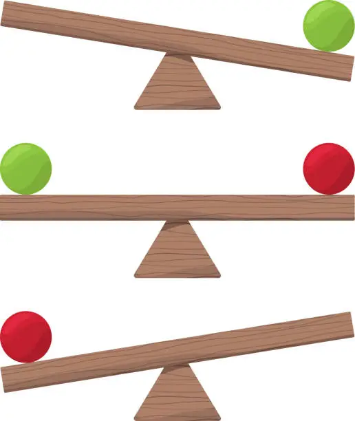 Vector illustration of Wooden seesaw. Balance scale or equilibrio items vector flat illustrations