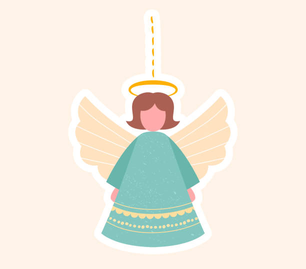 Pretty little angel Christmas toy for the tree Pretty little angel Christmas toy for the tree with golden halo and embroidered dress, colored vector illustration tree topper stock illustrations