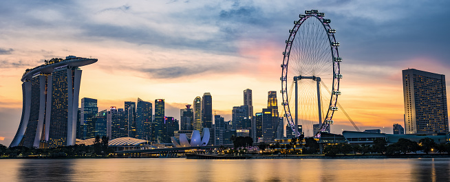 Singapore, September 10, 2020. Stunning view of the Marina Bay skyline illuminated at sunset during the covid-19 (Coronavirus) outbreak. Singapore is a sovereign island city-state in maritime Southeast Asia.