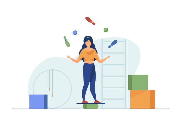Woman balancing and juggling with skittles and balls Woman balancing and juggling with skittles and balls. Gym, circus, juggler flat vector illustration. Performance and training concept for banner, website design or landing web page juggling stock illustrations