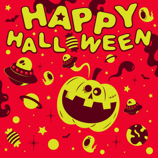 Spooky Halloween party invitation; Outer space with pumpkin Jack O' Lantern, UFO, star, ghost, bat, candy and planet Happy Halloween Characters Vector Art Illustration.
Spooky Halloween party invitation; Outer space with pumpkin Jack O' Lantern, UFO, star, ghost, bat, candy and planet. gross alien food stock illustrations