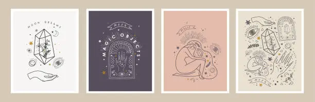 Vector illustration of Moon dreams and magic objects. Vector illustrations of crystal, woman, eye, hand, plant, star for astrology, esoteric and horoscope