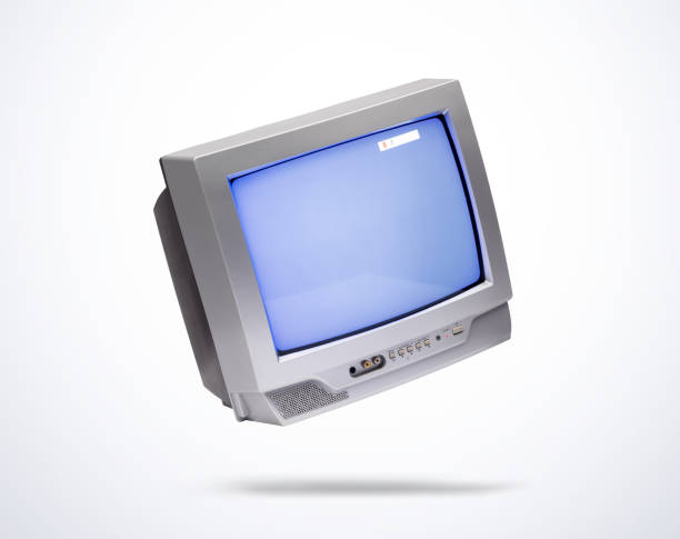istock Working old gray CRT TV set in air, on light background. File contains a path to isolation. 1272785069