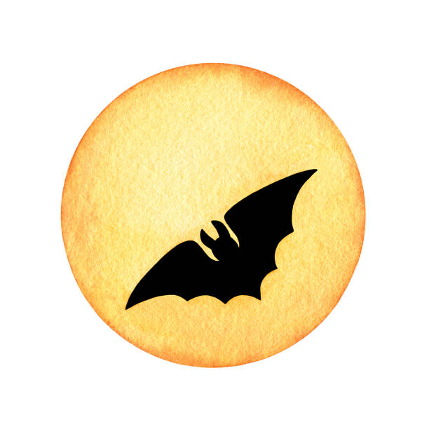 ilustraciones, imágenes clip art, dibujos animados e iconos de stock de acuarela amarilla luna llena y silueta negra de murciélago vampiro volador. elemento de diseño de vacaciones de halloween dibujado a mano aislado - bat halloween silhouette wing