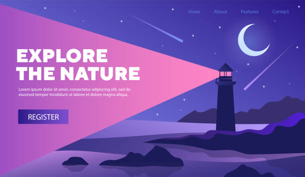 Explore Nature web template design with lighthouse Explore Nature poster web page template with lighthouse at night with crescent moon in a starry sky ad bright shining beam, colored vector illustration beacon stock illustrations