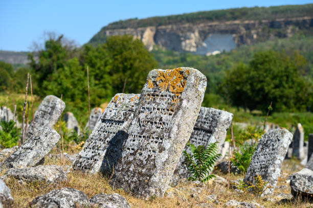 Old tombstones at the ancient Jewish cemetery in Vadul liu Rascov in Moldova Old tombstones at the ancient obsolete Jewish cemetery in Vadul liu Rascov in Moldova against famous Red Wall at other bank of Dniester river moldavia photos stock pictures, royalty-free photos & images