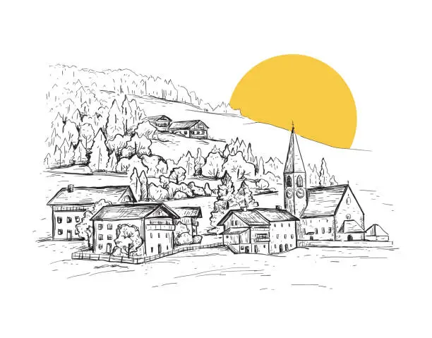 Vector illustration of Rural landscape with sunrise. Italy, Europe. Santa Maddalena. Val di Funes valley. Sketch vector illustration with a church, village houses on the hill. Vintage design for t-shirt print