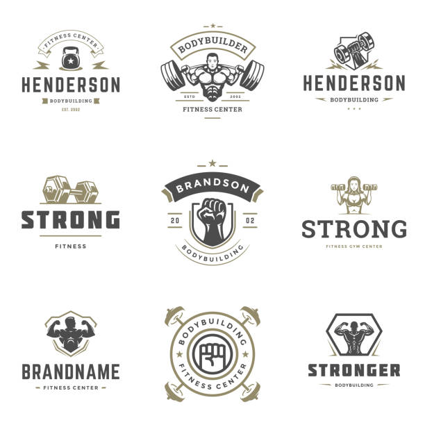 fitness-center und sport-studio-icons und abzeichen design set vektor-illustration typografische etiketten mit sportgeräten - barbell exercising sport gym stock-grafiken, -clipart, -cartoons und -symbole