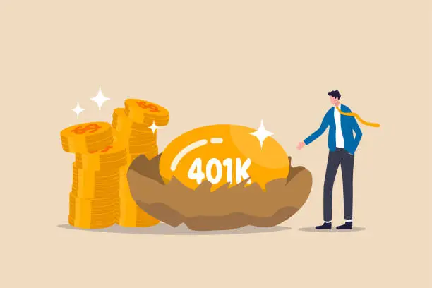Vector illustration of Retirement 401K investment, tax defer mutual fund for salary man financial success concept, happy young businessman investor stand with wealthy golden egg with word 401K and dollar money coin stack.