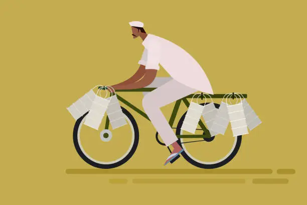 Vector illustration of 'Dabbawala' delivering lunch boxes boxes on cycle. A regular scene from Mumbai, India