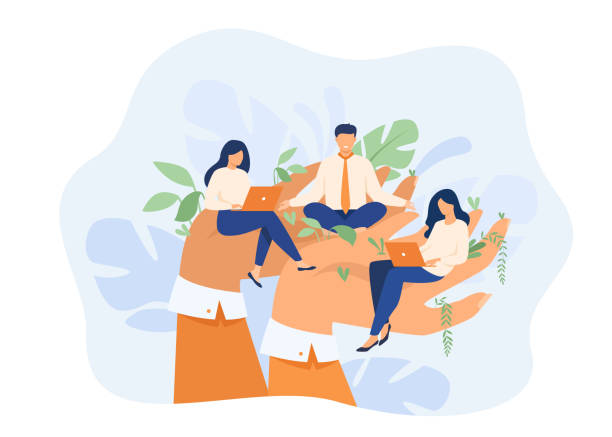 illustrazioni stock, clip art, cartoni animati e icone di tendenza di mani giganti che tengono i dipendenti che lavorano - human resources people incentive teamwork