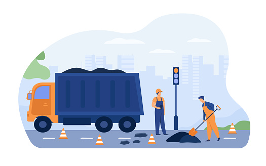 Road workers spreading asphalt on street, repairing highway, working near heavy car. Vector illustration for labor, city maintenance, engineering concept