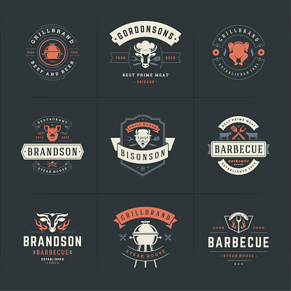 Grill and barbecue icons set vector illustration steak house or restaurant menu badges with bbq food silhouettes. Modern vintage typography labels and emblems design.