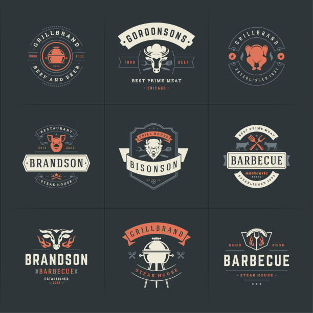 Grill and barbecue icons set vector illustration steak house or restaurant menu badges with bbq food silhouettes Grill and barbecue icons set vector illustration steak house or restaurant menu badges with bbq food silhouettes. Modern vintage typography labels and emblems design. bbq logos stock illustrations