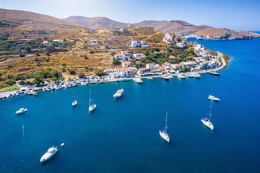 Panoramic view of the small village and sailors marina of Vourkari on the island of Kea Tzia, Cyclades, Greece