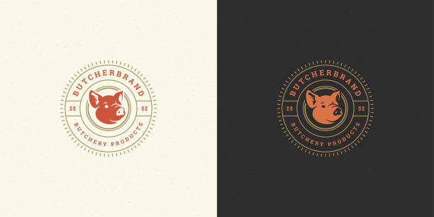 rzeźnik sklep logo wektor ilustracji świni głowa sylwetka dobre dla gospodarstwa lub restauracji odznaka - pig pork meat barbecue stock illustrations