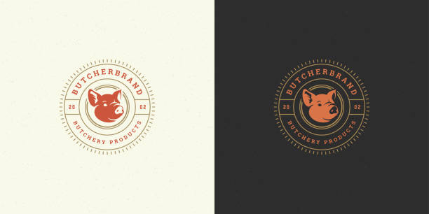 Butcher shop logo vector illustration pig head silhouette good for farm or restaurant badge. Vintage typography emblem design.