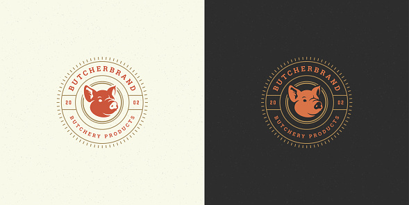 Butcher shop logo vector illustration pig head silhouette good for farm or restaurant badge. Vintage typography emblem design.