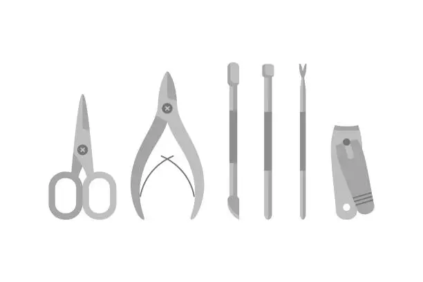 Vector illustration of Manicure and pedicure kit isolated on white. Nail scissors, clipper, cuticle nipper, groomer, pusher.