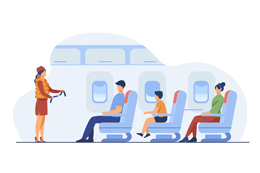 Flight attendant explaining safety instructions. Passenger, airplane, belt flat vector illustration. Travelling and vacation concept for banner, website design or landing web page