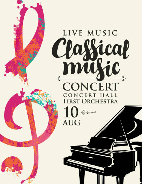 poster of classical music concert with grand piano Poster for a live classical music concert. Vector flyer, invitation, ticket or advertising banner with a grand piano and abstract treble clef in the form of bright spots of paint orchestra abstract stock illustrations