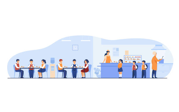 ilustrações de stock, clip art, desenhos animados e ícones de lunch in school cafeteria concept - cantina