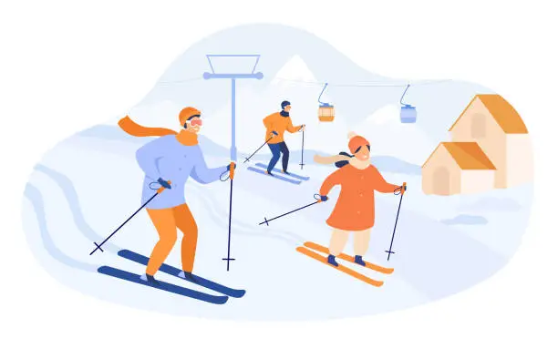 Vector illustration of Happy family skiing in mountains