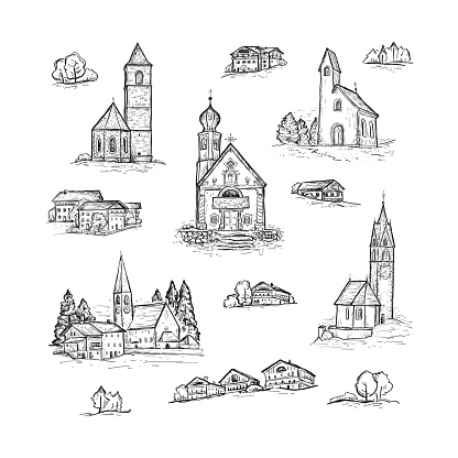 Italy, Europe. South Tyrol. Dolomites. Santa Maddalena. San Giovanni. Santa Barbara Chapel. San Maurizio chapel. Sketch vector set of hand drawn churches and village houses. Black line isolated on white. Vintage design for print, postcard, poster, cover