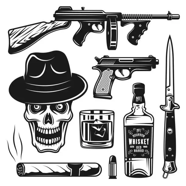 Vector illustration of Mafia and gangsters set of monochrome vintage objects, design elements isolated on white background vector illustration